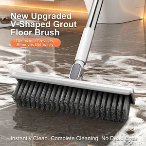 V-Shaped Floor Crevice Brush With Squeegee Long Stainless Steel Handle Rotating Head Bathroom Tile Cleaning Tool