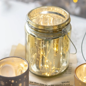 Golden electroplated glass Christmas candle holder with LED light string and metal handle