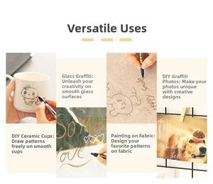 DIY metallic paint markers shown on ceramic, glass, fabric and photo surfaces