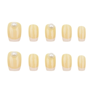 Lichtgele French press-on nagels set met parels en glanzende vierkante afwerking