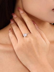 Detailed view of silver ring featuring six-prong setting with a brilliant round gemstone