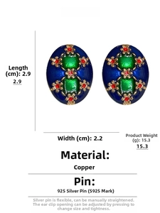 Detailed view of floral enamel oval earrings with 2.9cm length and S925 silver needles