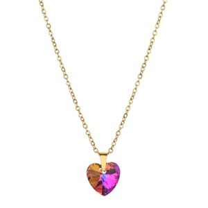 Detail of heart-shaped gradient crystal pendant on a gold stainless steel chain