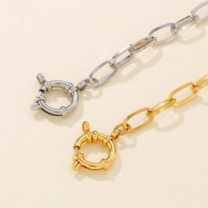 Gold and silver square link chain necklaces with sailor spring clasps in minimalist style