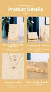 Detailed views of bamboo and linen jewelry displays for necklaces and bracelets