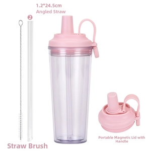 Pink Tritan straw cup detail with magnetic handle lid and 1.2cm wide boba straw