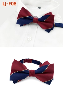Detail of a red and blue striped bow tie with gold accents on a white shirt