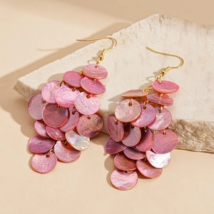 Pink shell petal tassel drop earrings with tiered sequins and golden hooks for women