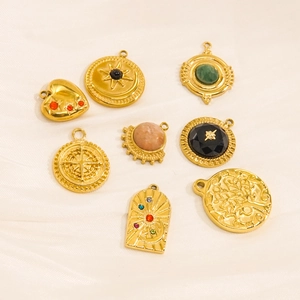 Vintage gold-plated natural stone pendants in heart, sun, and tree of life designs