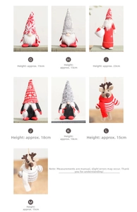 Detailed size guide for assorted Christmas gnomes and plush reindeer ornaments