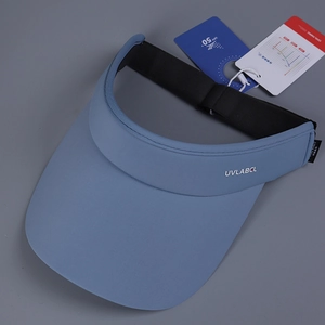 Detail of blue sun visor with elastic strap and UPF 50+ cooling technology label