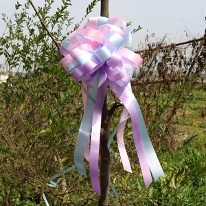 Macro view of a large multi-layer pink and blue bow tied to a tree for outdoor decor