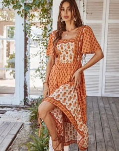 Detail of bohemian floral print dress featuring flutter sleeves and square neckline