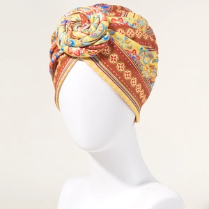 Bohemian head wrap turban with vintage floral pattern and 3D twisted flower design