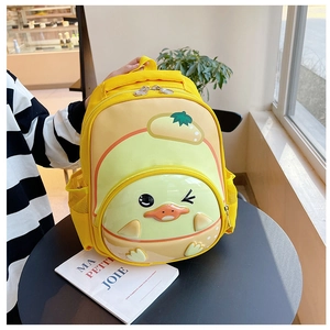 Detail view of yellow 3D cartoon duck backpack with durable hardshell and side mesh pocket