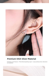 Close-up of S925 sterling silver triangle V-shaped earrings with sparkling cubic zirconia