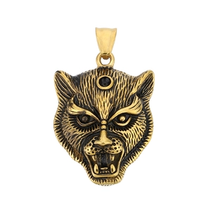 Retro hip-hop three-eyed leopard pendant in gold-plated stainless steel on white background