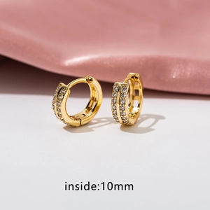 Detail shot of 18K gold plated hoop earrings with double row cubic zirconia and 10mm inner diameter