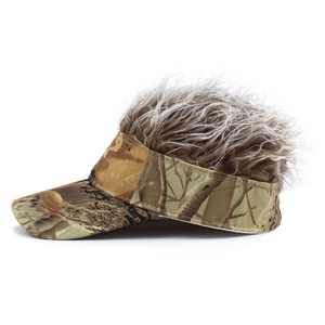 Side view of camo sun visor hat with funny fluffy synthetic hair wig on top