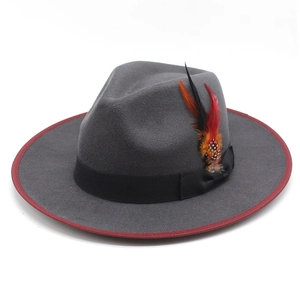 Wide Brim Fedora Hat Wool Felt With Feather Accent Vintage British Style Jazz Cap Elegant Contrast Trim