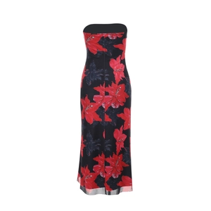 Detail of elegant strapless bodycon long dress featuring large red floral prints on black