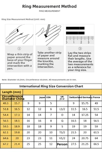 Size guide with measurement instructions and international ring size chart for open rings