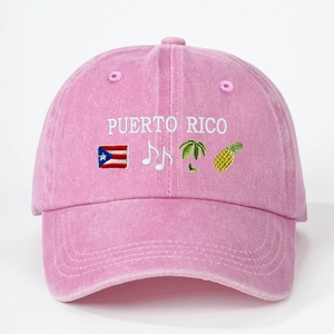 Pink washed cotton baseball cap with Puerto Rico embroidery and tropical icons