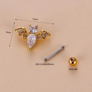 Detailed view of 13mm gold bat cartilage stud with clear gems and screw ball back