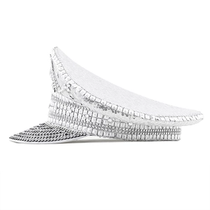 Close-up of sparkling silver sequins and rhinestones on the brim of a military party hat