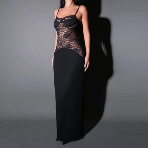 Elegant black lace patchwork maxi dress with spaghetti straps and open back for party