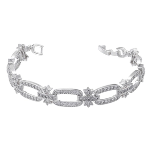 Detail of silver bracelet with hexagonal star charms and pave-set cubic zirconia stones