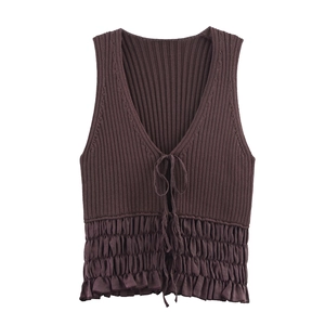 Ruffle Hem Knit Tank Top V Neck Tie Front Ribbed Sleeveless Slim Fit Cropped Sweater Vest Women Sweet