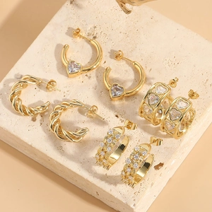 14K gold plated twist hoop earring set with heart zircon and pave crystals for women
