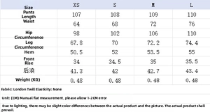 Detailed size chart for asymmetric waist trousers including length, waist, and hip measurements