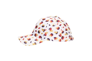 Detail view of the colorful abstract print patterns on this white baseball cap