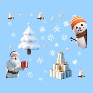 3D Christmas window stickers set with snowman, Santa, white tree and gift boxes