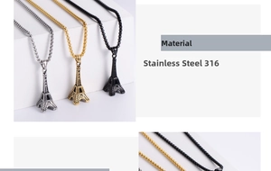 Macro shot of 316 stainless steel Eiffel Tower pendants in silver gold and black finishes