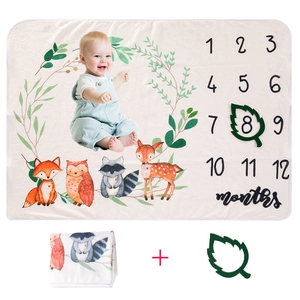 Detailansicht der Baby Meilensteindecke mit Waldtieren, Monaten und grünem Markierrahmen