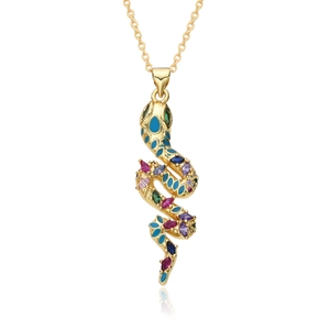 Fashionable golden snake pendant necklace with multi-colored gemstones and blue enamel