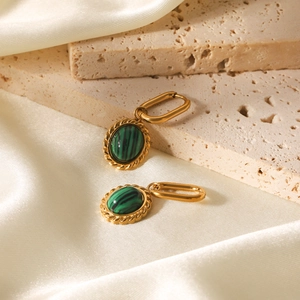 French vintage style stainless steel earrings with oval malachite pendant and rope border