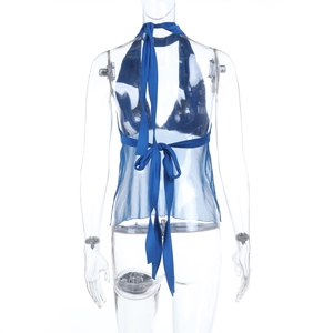 Detail of blue sheer mesh halter top with adjustable back ties and transparent texture