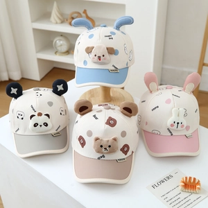 Collection of four cute 3D animal plush baseball caps for toddlers in assorted colors