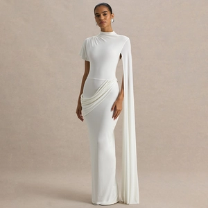 Elegant white asymmetrical dress with draped cape sleeve and pleated waist detail