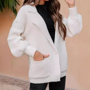 Chic off-white knit cardigan with oversized lapels and puff sleeves for a modern look