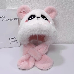 Close-up of cute panda-style plush hooded scarf in soft pink and white thick faux fur