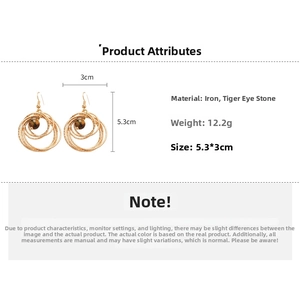 Detailed specs of wire-wrapped tiger eye stone earrings with circular gold-tone design