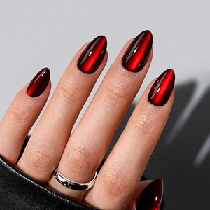 Red Cat Eye Press On Nails Almond Shape Glossy Magnetic Shimmer Fake Nails For Women Manicure Fashion