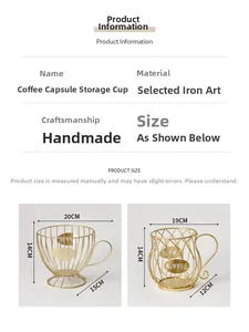 Detail view of golden iron coffee capsule storage basket with dimensions and COFFEE tag
