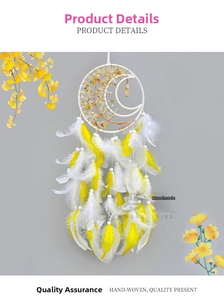 Handcrafted crescent moon dream catcher with tree of life stones and soft white feathers