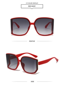 Detalle de la vista frontal y lateral de las gafas de sol cuadradas rojas degradadas